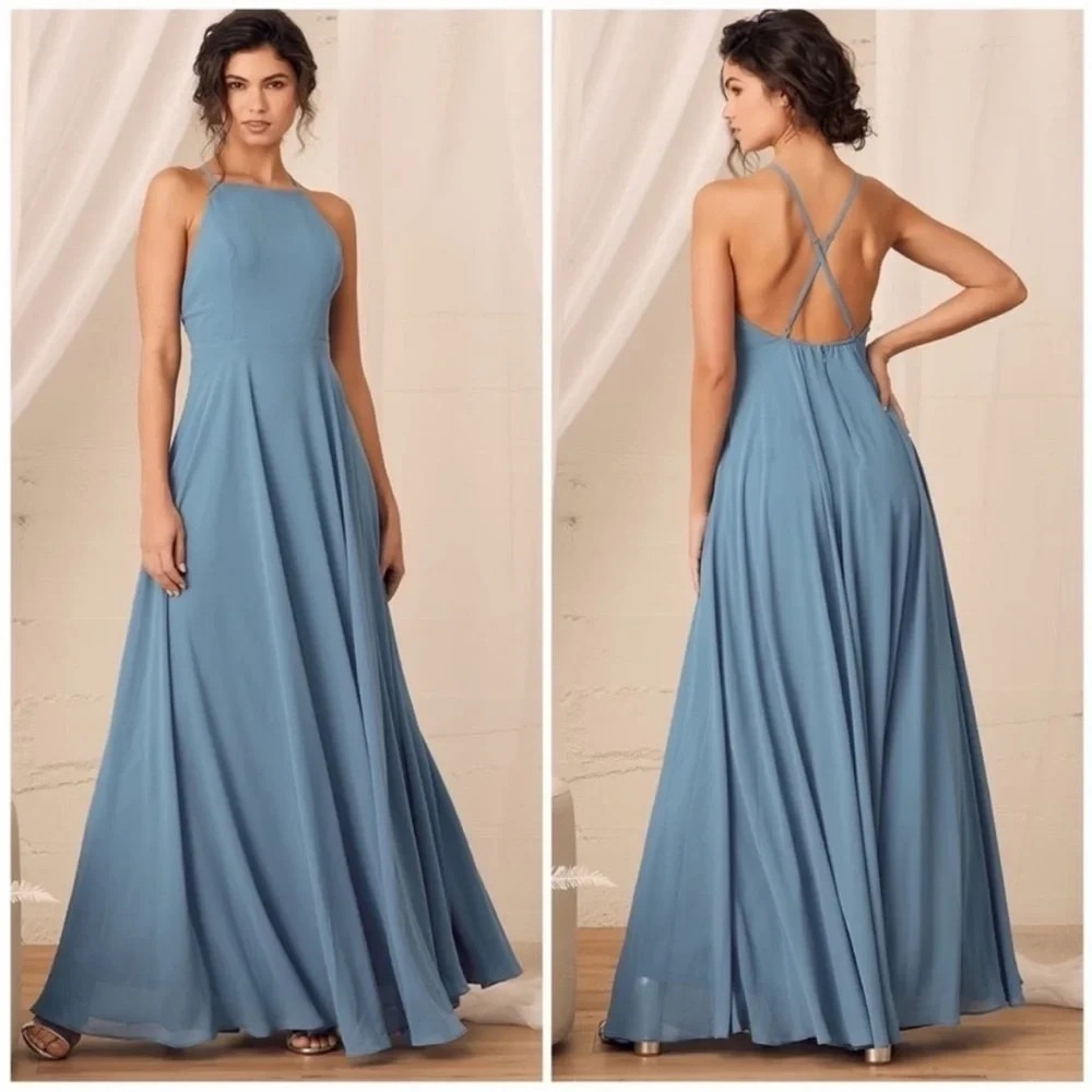 Lulus Mythical Kind of Love Maxi Dress XS Dusty Blue Gown Open-Back Bridesmaid